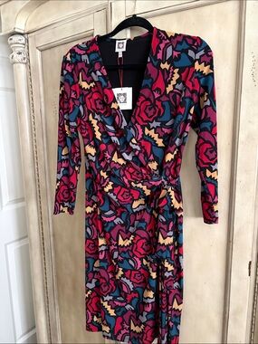 Anne Klein Abstract Floral Wrap Dress in Burgendy and Teal